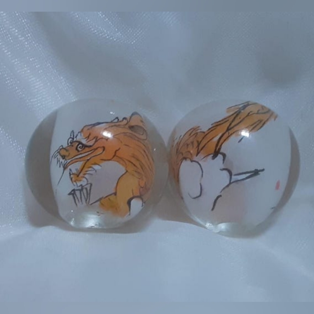 2 Rare Chinese inside reverse hand painted glass beads Dragon, Cloud Distant Sun